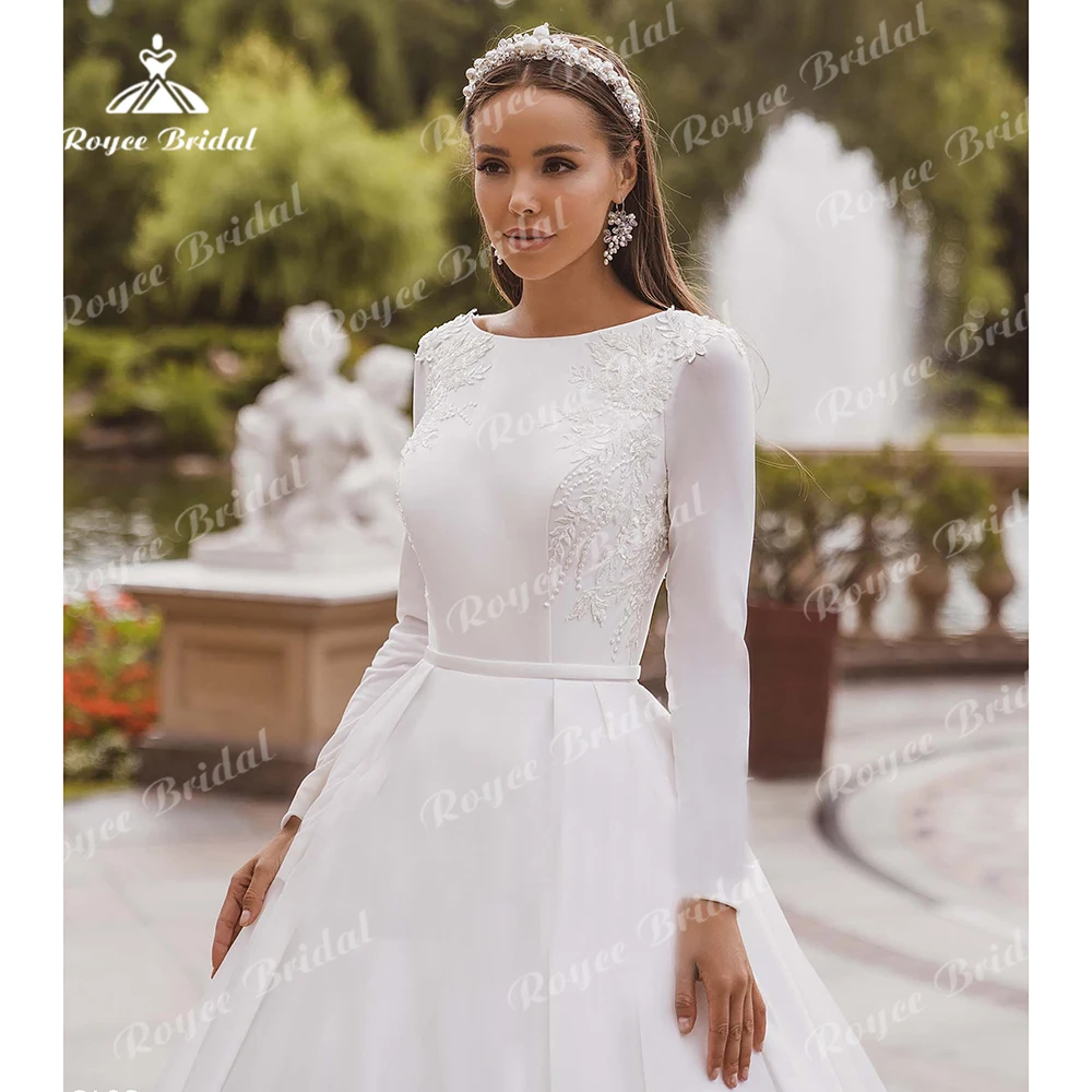 Elegante abito da sposa in raso A Line abiti da sposa in pizzo A maniche lunghe abiti da sposa musulmani ricoperti sul retro Vestido de novia 2023