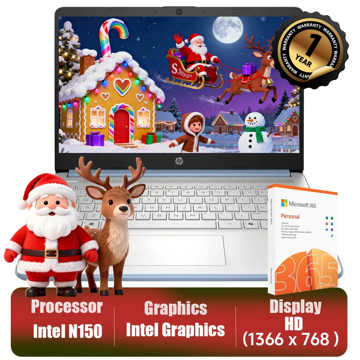 HP 14" HD LED ultralichte laptop met 1 jaar Microsoft 365, Intel-processor N150, 4 GB RAM, 128 GB UFS, Windows 11 Home in S-modus