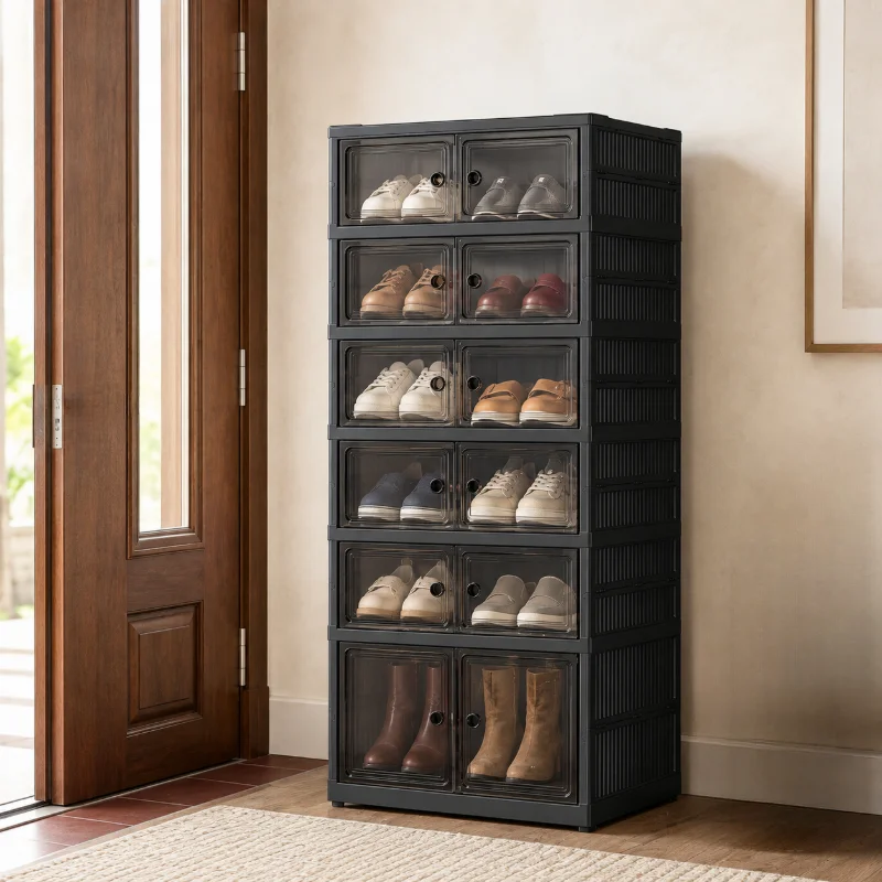 Foldable Shoe Storage Cabinet with Magnetic Clear Doors, 3/6/9-Tier Stackable Shoe Organizer for Entryway, Closet & Bedroom, Space-Saving Collapsible Sneaker Storage Rack with Wheels, Standard & Tall Compartments, Black view 2