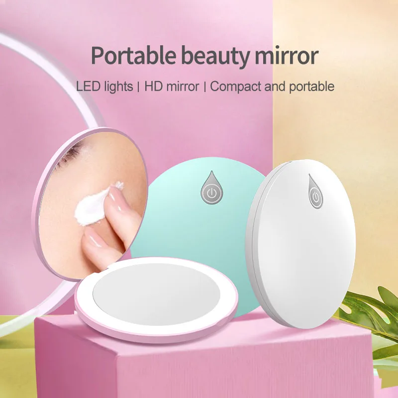 

LED Portable Makeup Mirror with 2x Magnification, Magnetic Auto-Off, Touch Switch, Battery Powered, and Memory Function