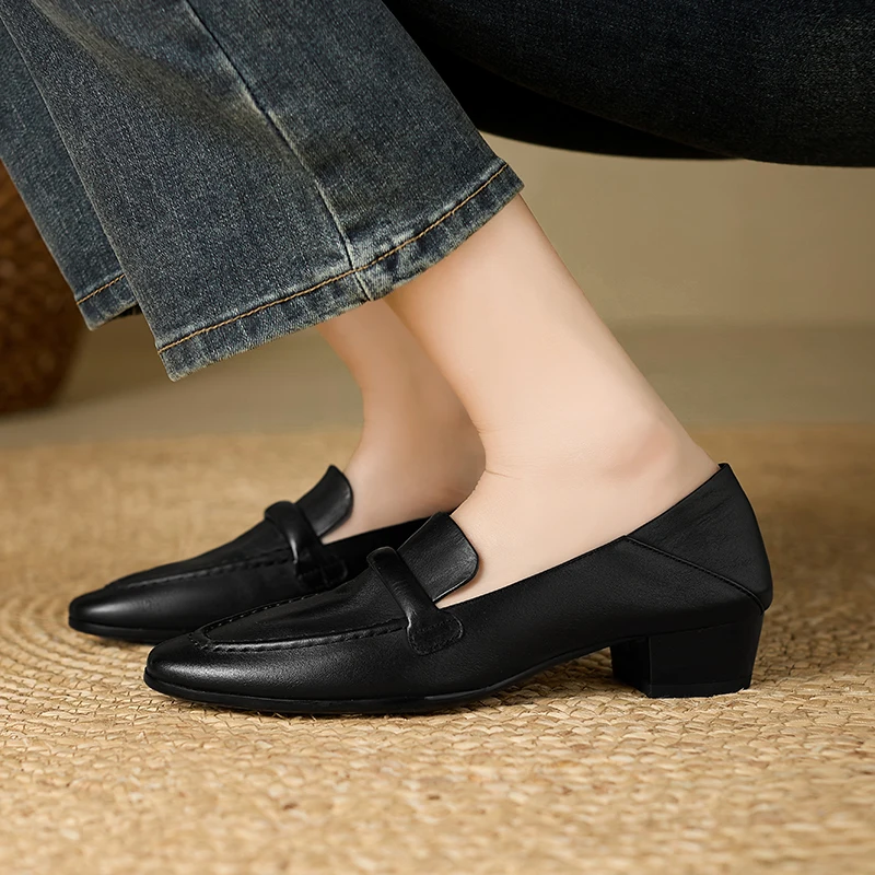 Women's Leather Apron Toe Strap Loafers, Low Block Heel Slip-On Dress Shoes, Classic Moccasin Style for Work & Casual Wear