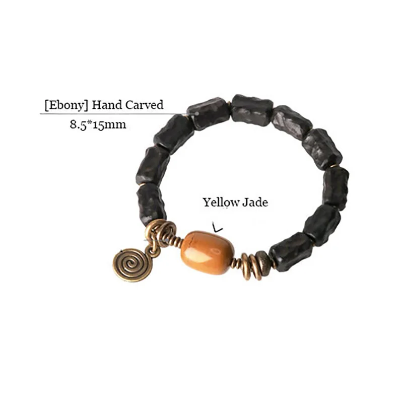 Hand Carved Strip Ebony Vintage Copper Bracelet Concave Convex Texture Black Wood Jewelry Men Women Ward Off Evil Bangle