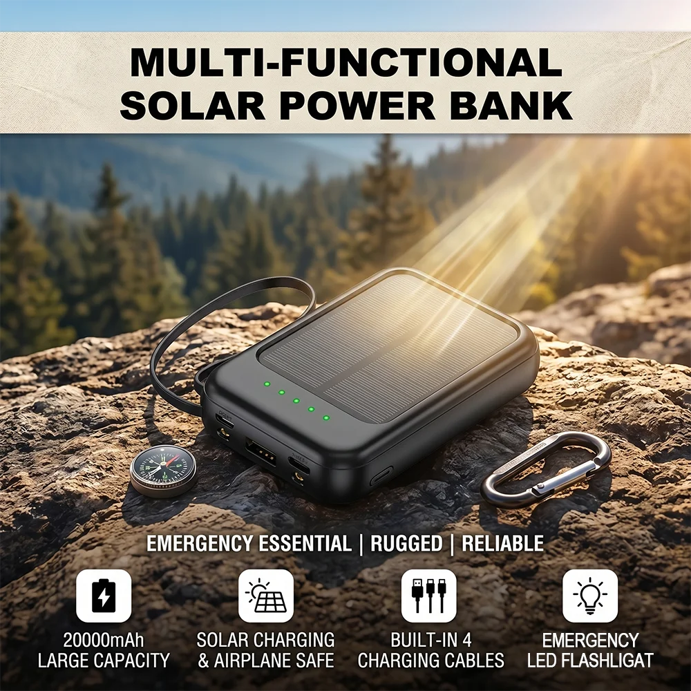 Portable 20000mAh Solar Power Bank with LED Light