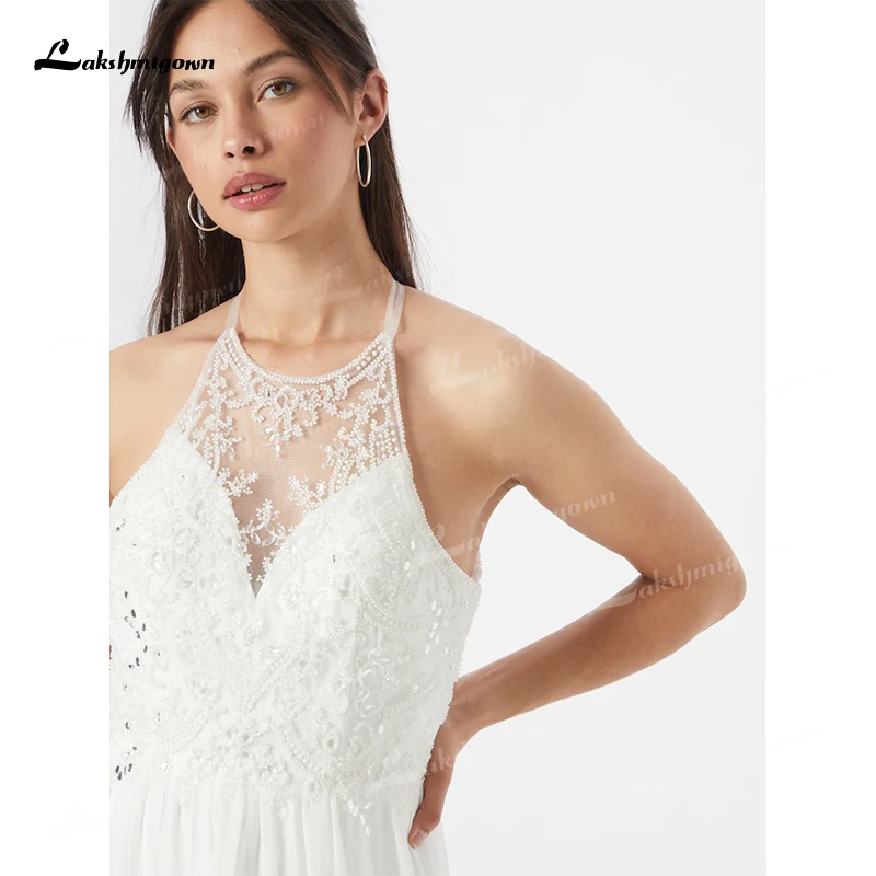 Vestido de novia de gasa sin mangas con cuello Halter, ropa de boda Sexy con espalda descubierta, apliques de encaje con cuentas, línea A