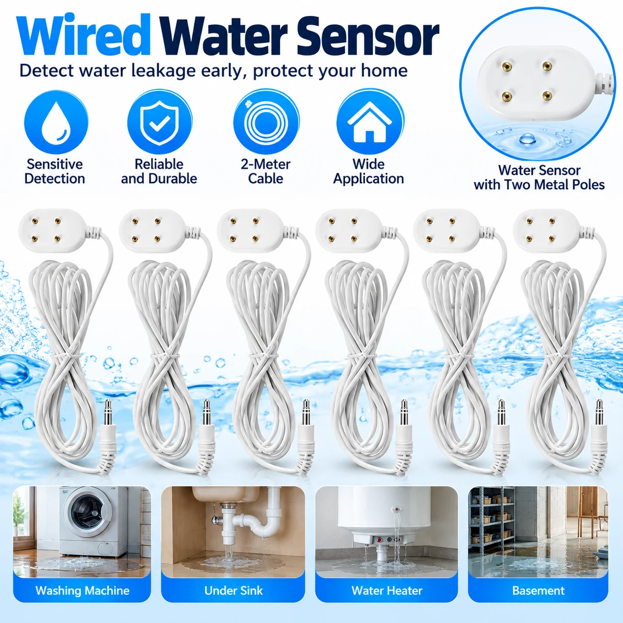 2M Wired Type Water Leakage Alarm Detector Water Sensor NO Cable With Two Metal Poles Ordinary Sensors For Tuya WIFI GSM System,