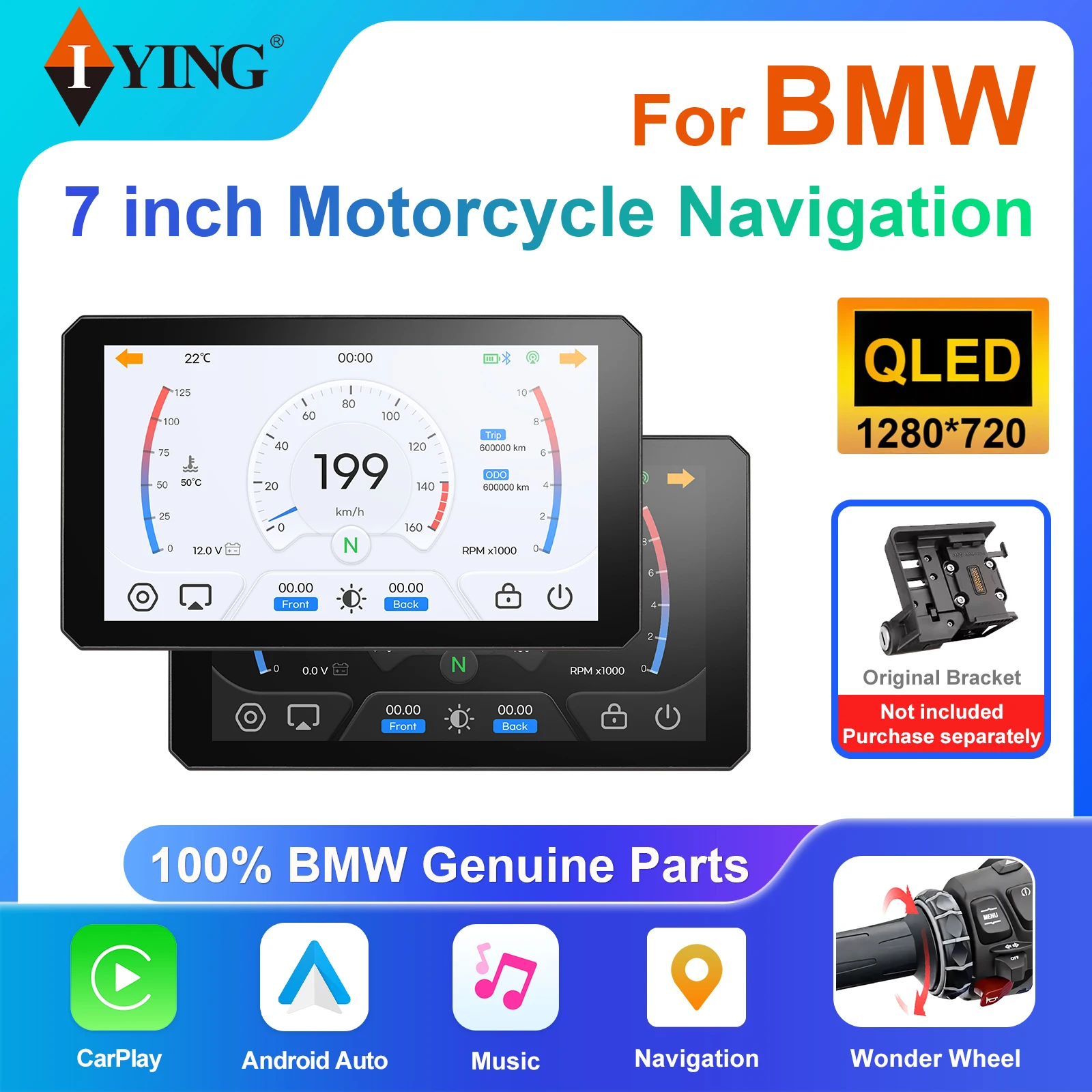 Motorfiets GPS CarPlay voor BMW met waterdicht touchscreen, 7" draagbare motorradio Carplay/Android Auto, GPS-navigatie voor motorfiets, dubbele Bluetooth, native Wonder Wheel-bediening,