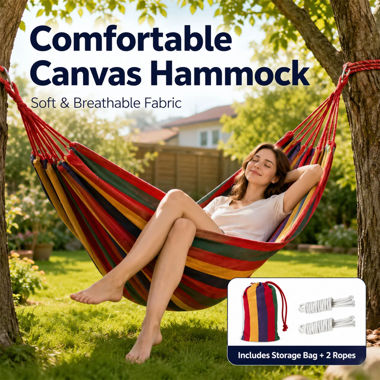 1PC Outdoor Canvas Hammock Double Striped Hanging Swing Bed with Ropes and Storage Bag
