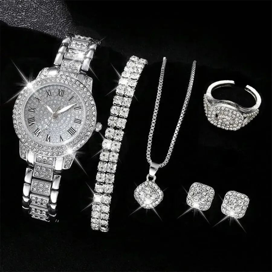 6 pçs relógio feminino de luxo elegante liga relógio de pulso de cristal para senhoras presente