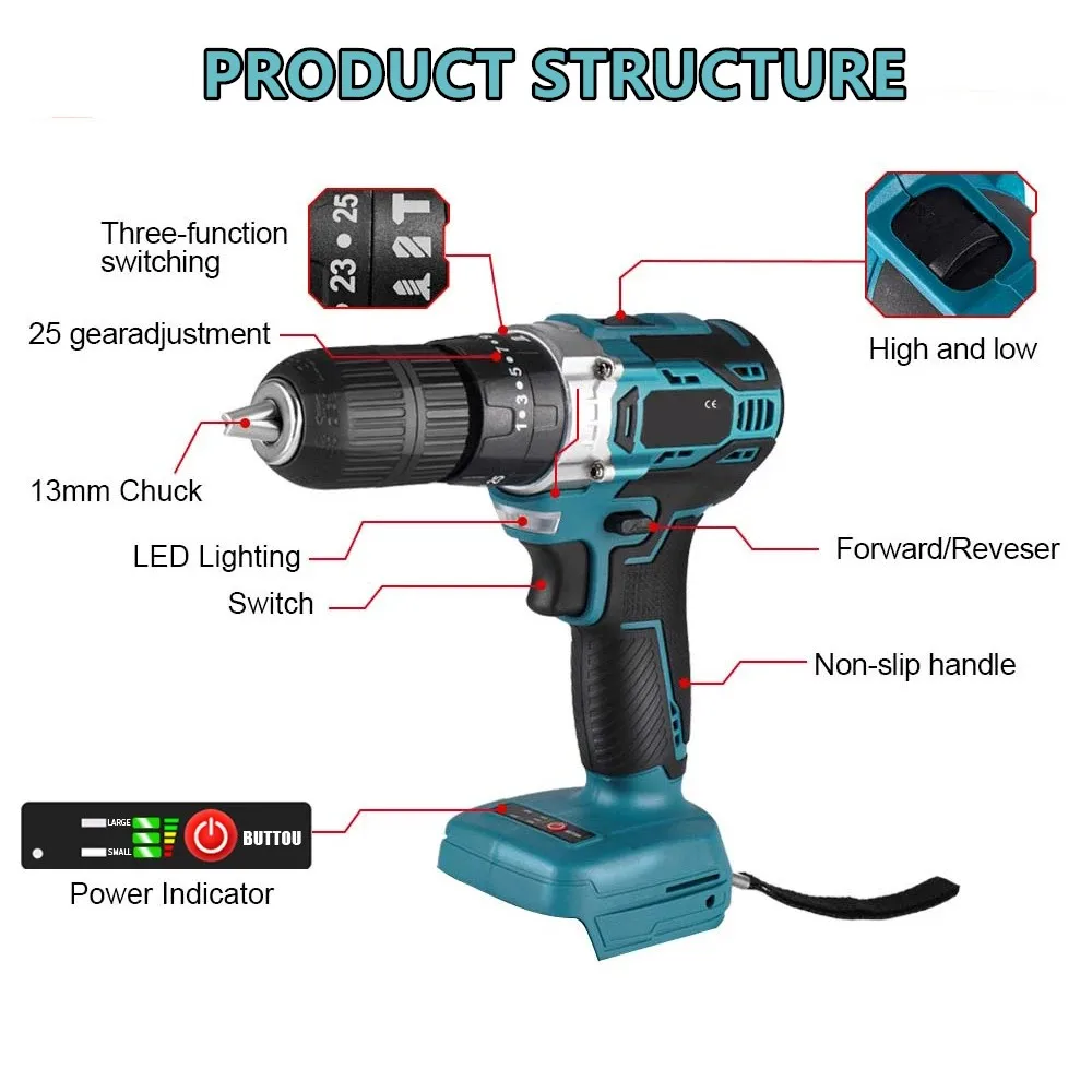 25+3 Torque 1000W 450NM Brushless Electric Impact Drill 3 in 1 Electric Cordless Screwdriver Tool For Makita 18v Battery