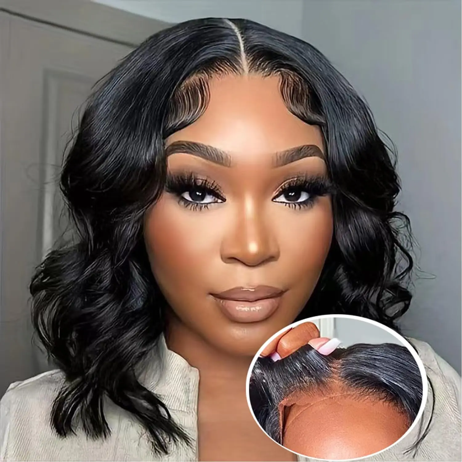 13x4 Body Wave Lace Front Wigs Human Hair Pre Plucked 180% Density Short Bob Frontal Wigs for Black Women Natural Black Color 1B