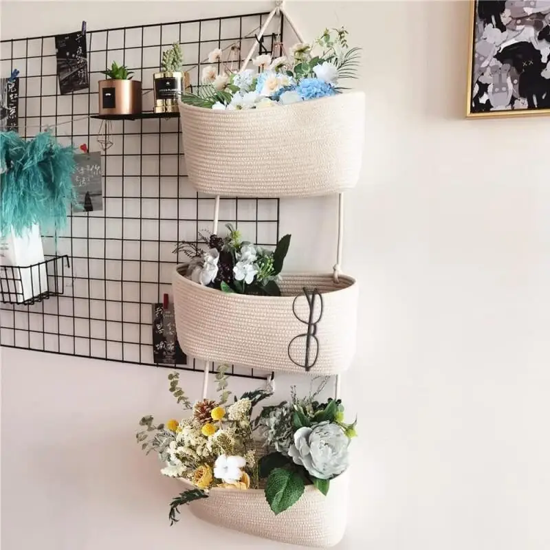 TeoKJ 3-stöckiger Hängekorb aus gewebter Baumwolle, Wandmontage, über der Tür hängende Organizer-Tasche mit Haken, moderner, minimalistischer Mehrzweck-Aufbewahrungskorb für Kosmetik, Schreibwaren,
