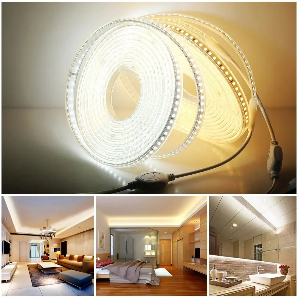 Tira de luces LED de 60LEDs/m, 220V, resistente al agua, alto brillo, con luz cálida, cinta de lámpara Flexible, enchufe europeo para iluminación de decoración del hogar