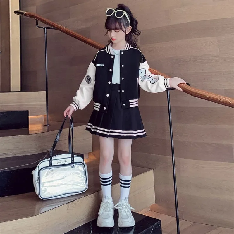 Junior Girls Baseball Suit Kid Spring and Autumn Fashion Splicing Letters Jacket Pleated Skirt 2 Pieces Student Set — zdjęcie 2