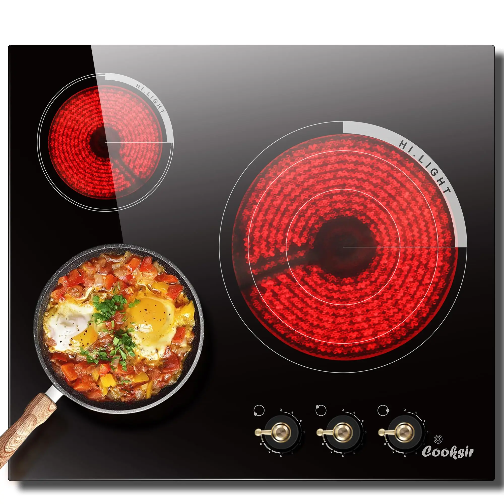 Cooksir Placa vitrocerámica 3 fuegos, integrada 60CM placa autosuficiente, con zona extendida, calentamiento por infrarrojos, protección contra sobrecalentamiento, integrada 5700W, 240V