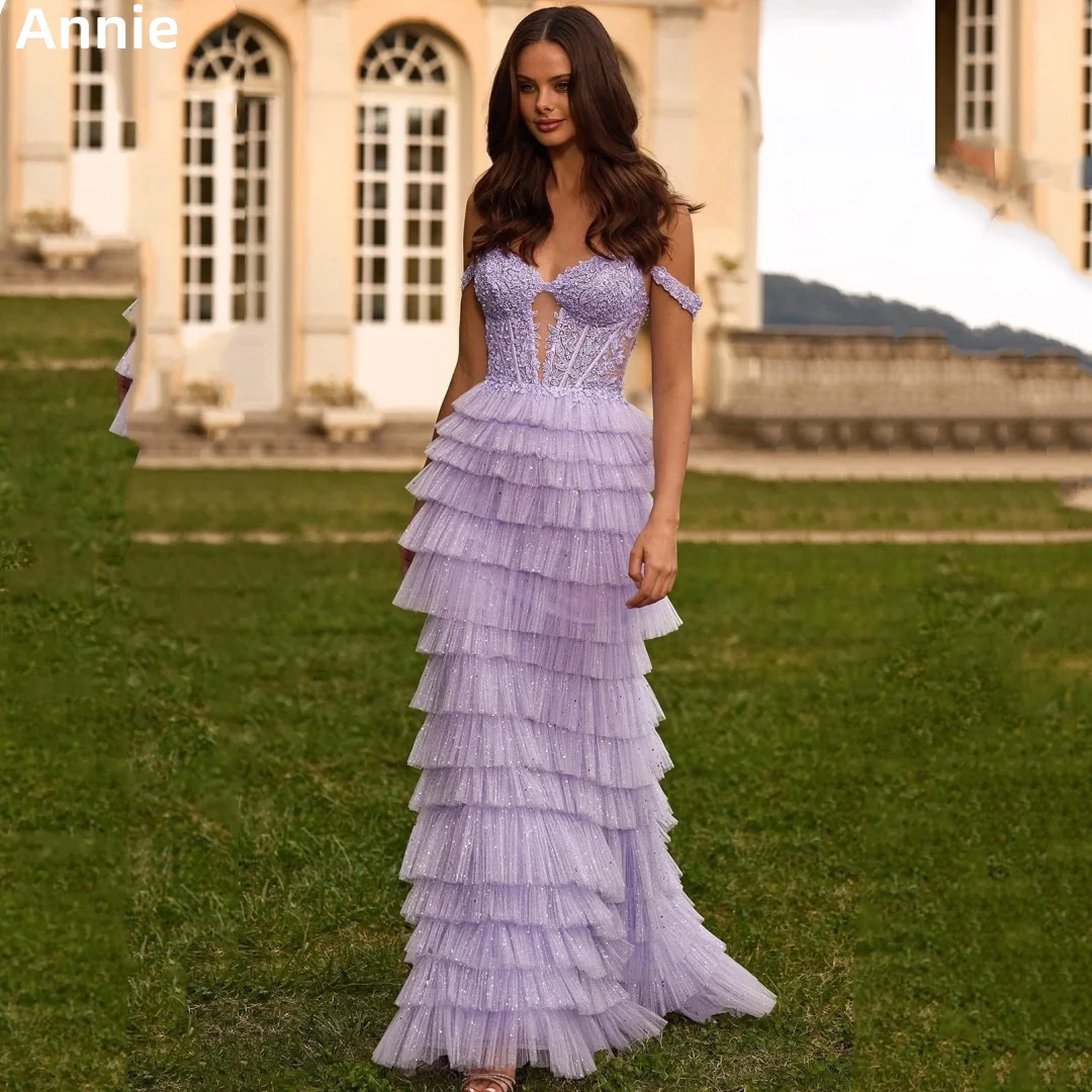 

Annie Lavender Фиолетовые платья для выпускного вечера Блестящие многослойные вечерние платья из тюля Кружевные вечерние платья принцессы с вышивкой فساتين سهرة