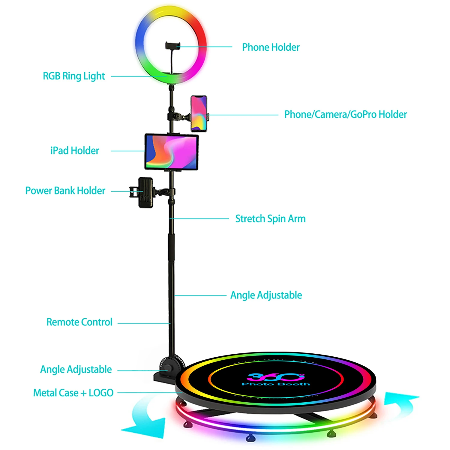 360 Metal Platform Photo Booth Machine Automatic Spin Slow Motion Video Booth Camera Booth for Weddings Parties Events