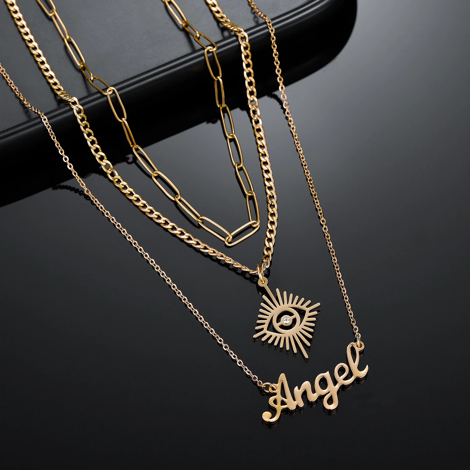 

Dascusto Custom Name Necklace For Women Vintage Pendant Fashion Angel Eyes Necklace Multiple Layers Name Chain Nameplate Jewelry