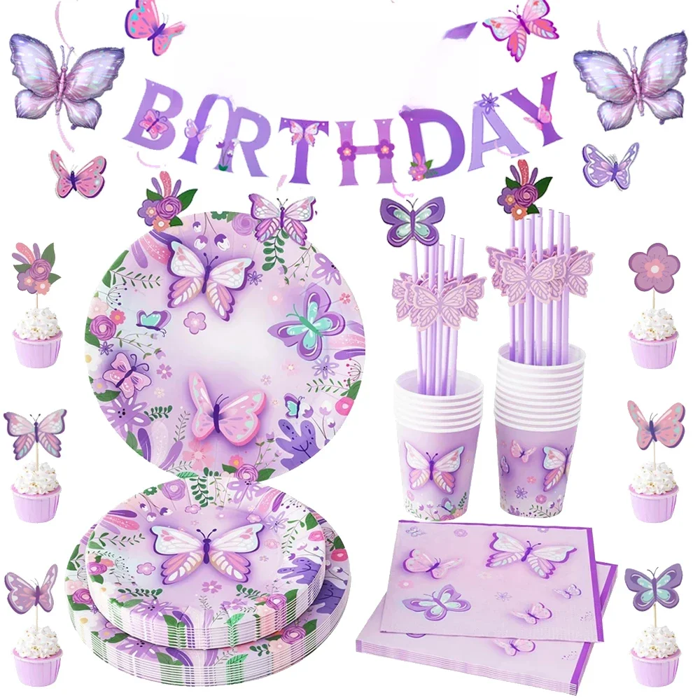 Różowy Fioletowy Motyl Jednorazowa zastawa stołowa Papierowy talerz Kubek Serwetka Baner Motyl Dekoracja urodzinowa Baby Shower Ślub Supp — zdjęcie 2