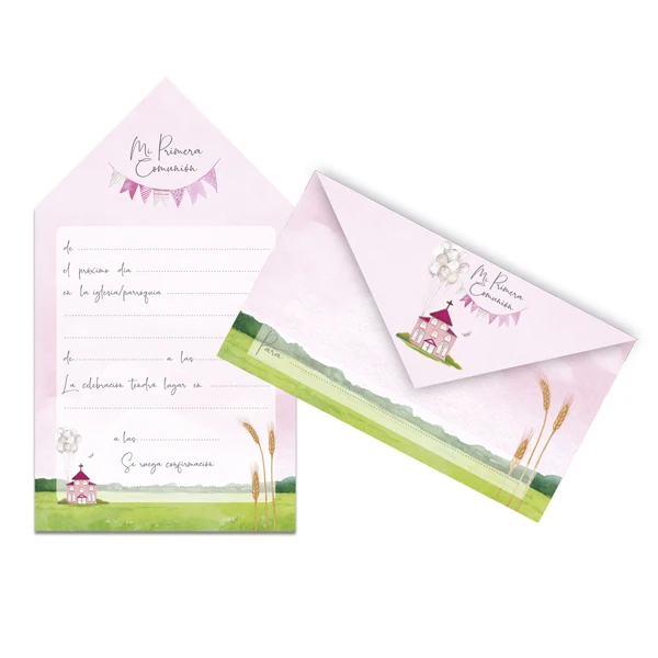 ARGUVAL | 2 Blisters 10 invitations on Communion pink Church | Communion invitations for boy/a, my first communion, party invitations, envelope-shaped invitations