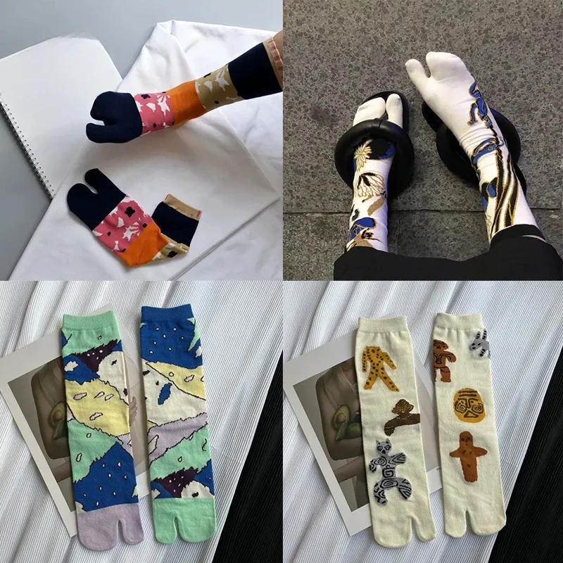 Chaussettes colorées en coton peigné pour femmes, chaussettes à deux orteils, vagues de raisin, carpe, japonais, Harajuku, sandales amusantes et mignonnes, chaussettes Tabi Sokken