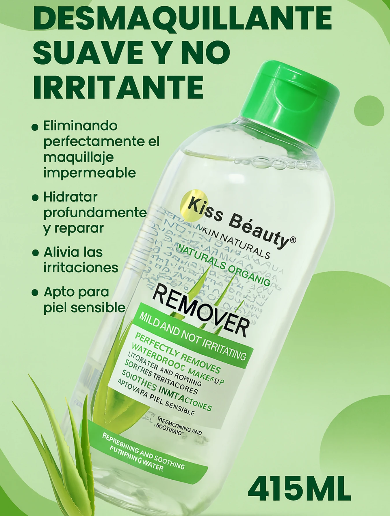Agua Desmaquillante con Aloe Vera Kiss Beauty 415 mL – Suave, No Irritante y Refrescante – Elimina Maquillaje a Prueba de Agua, Hidrata y Calma Piel Sensible – Limpieza Profunda con Toque Natural.