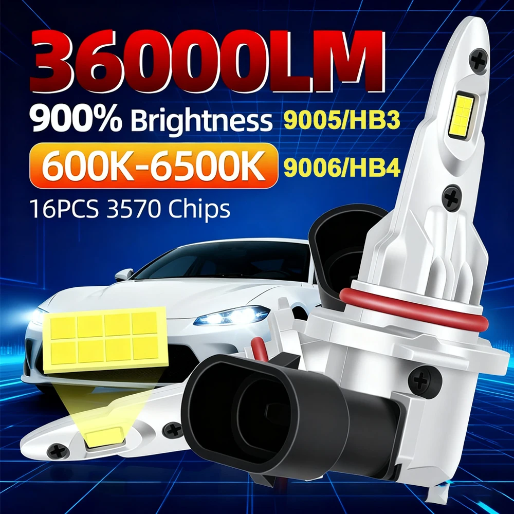 

Светодиодный налобный фонарь 36000 лм 9005 HB3, размер 1:1, беспроводной 9006 HB4, ходовые огни Canbus, бесплатная замена галогенных ламп