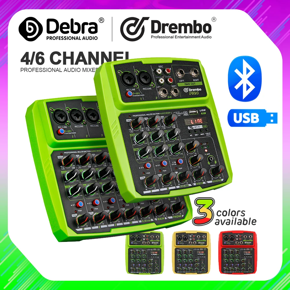 Debra USB 4/6 Channel Mixer DJ Console Audio Mixer With Bluetooth 48V Phantom Power Delay Repaeat Effect Sound Mixing Console