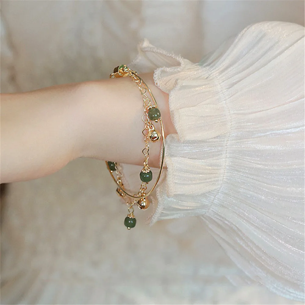 

Браслет ручной работы из натурального нефрита с бусинами-колокольчиками женский нишевый дизайн двухслойная многослойная одежда романтические Винтажные Украшения