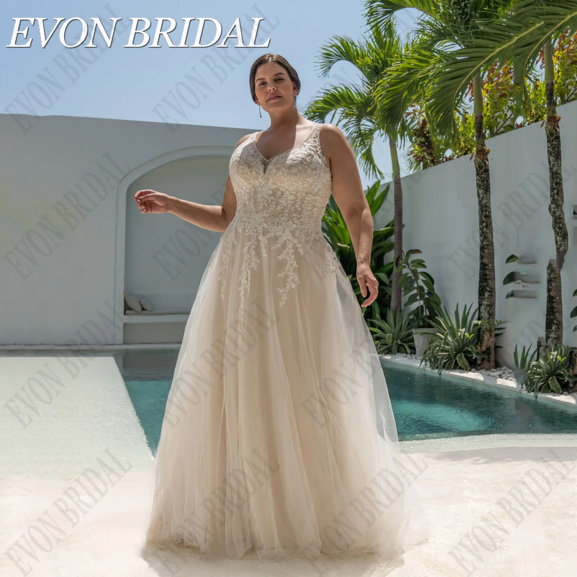 

EVON BRIDAL Large Size Beading Wedding Dresses For Woman Sleeveless V-Neck Applique Bride Gowns A-Line Tulle Vestidos De Novia