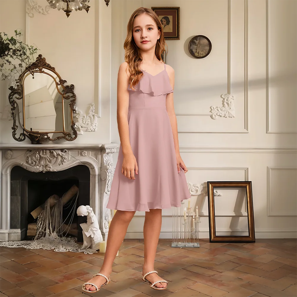 

Elegant A-Line V-Neck Knee-Length Chiffon Junior Bridesmaid Dress Ivory Flower Girl Dress Girls Party Wedding Formal Occasion