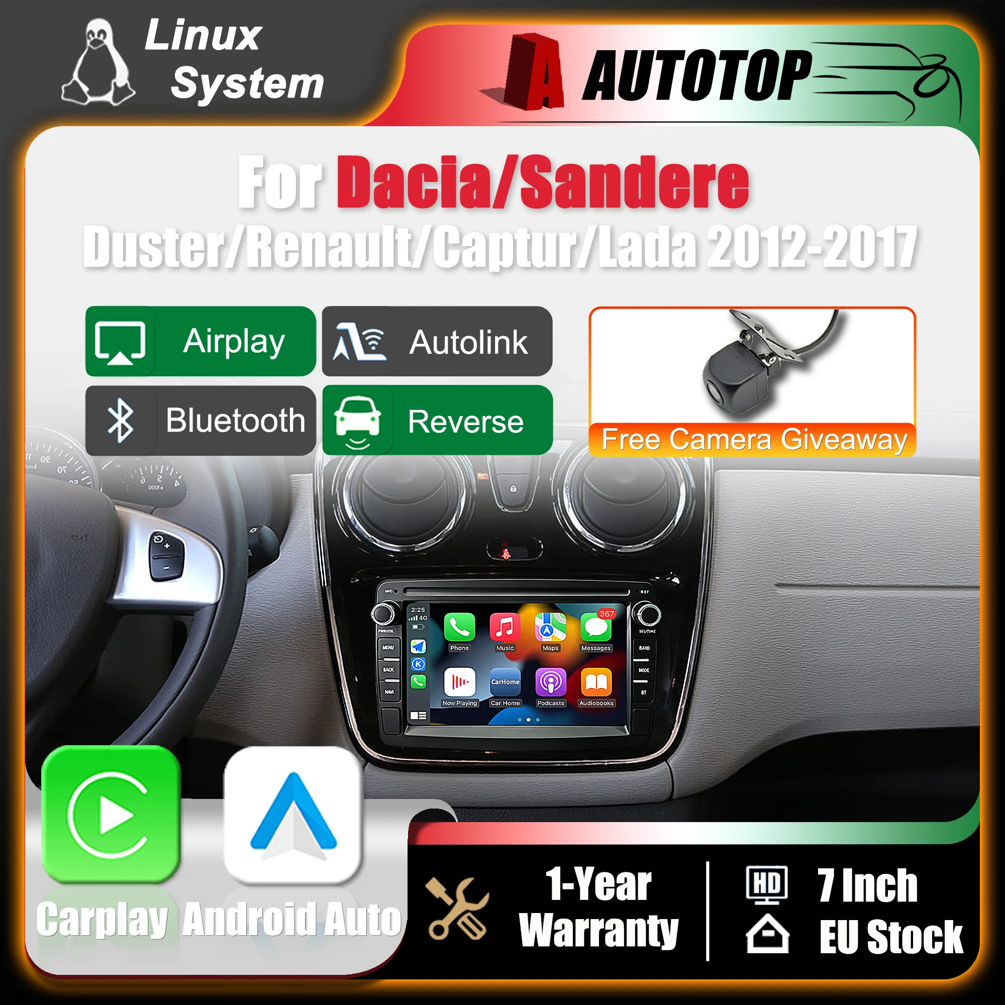 Schermo multimediale da 7 pollici con sistema Linux, CarPlay wireless e Android Auto per Renault Dacia Duster, Sandero, Captur, Xray, Logan 2, Symbol, Dokker, Lodgy. Autoradio con Bluetooth, GPS,