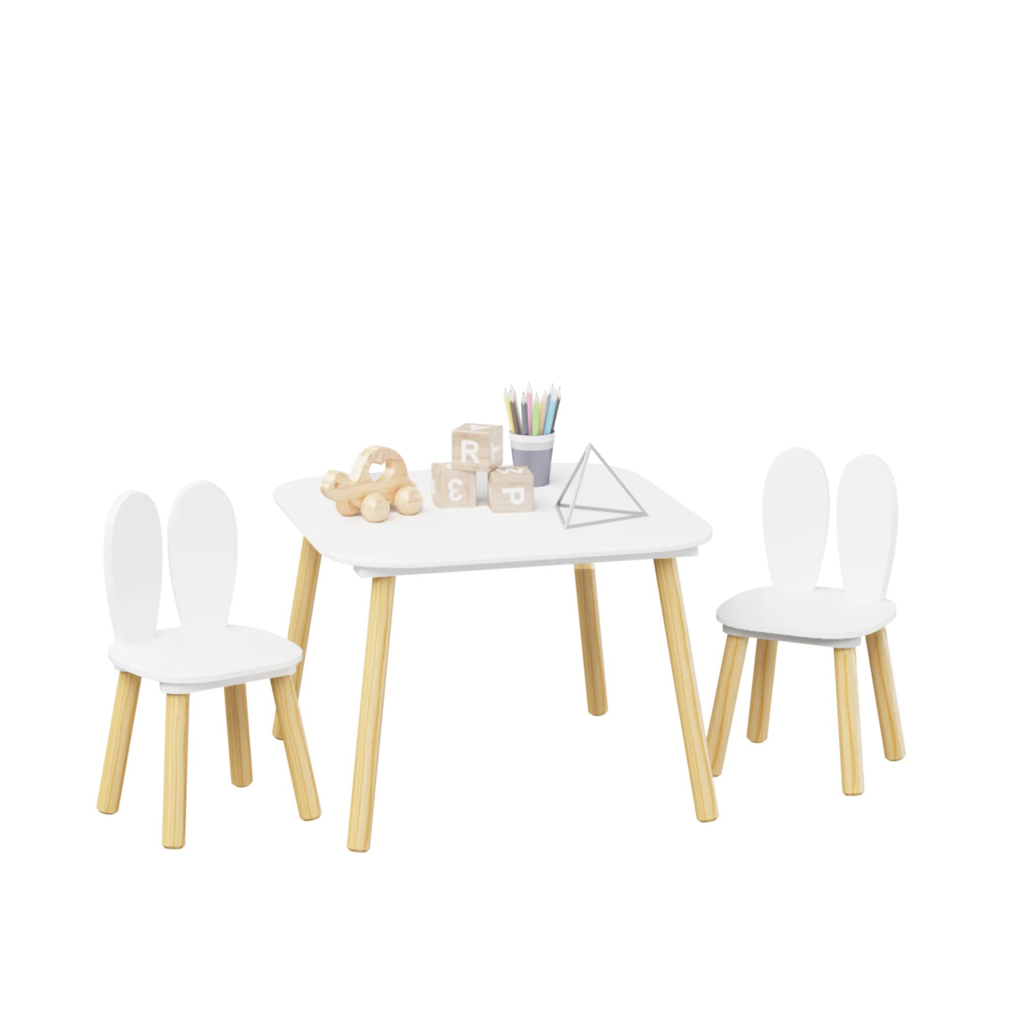 Kids Table and 2 Chairs Set 3-Piece Rabbit Ear Toddler Activity Table Set Wooden Children’s Play Table and Chair Set with Solid Pine Legs, Rounded Corners for Playroom, Bedroom and Classroom, White