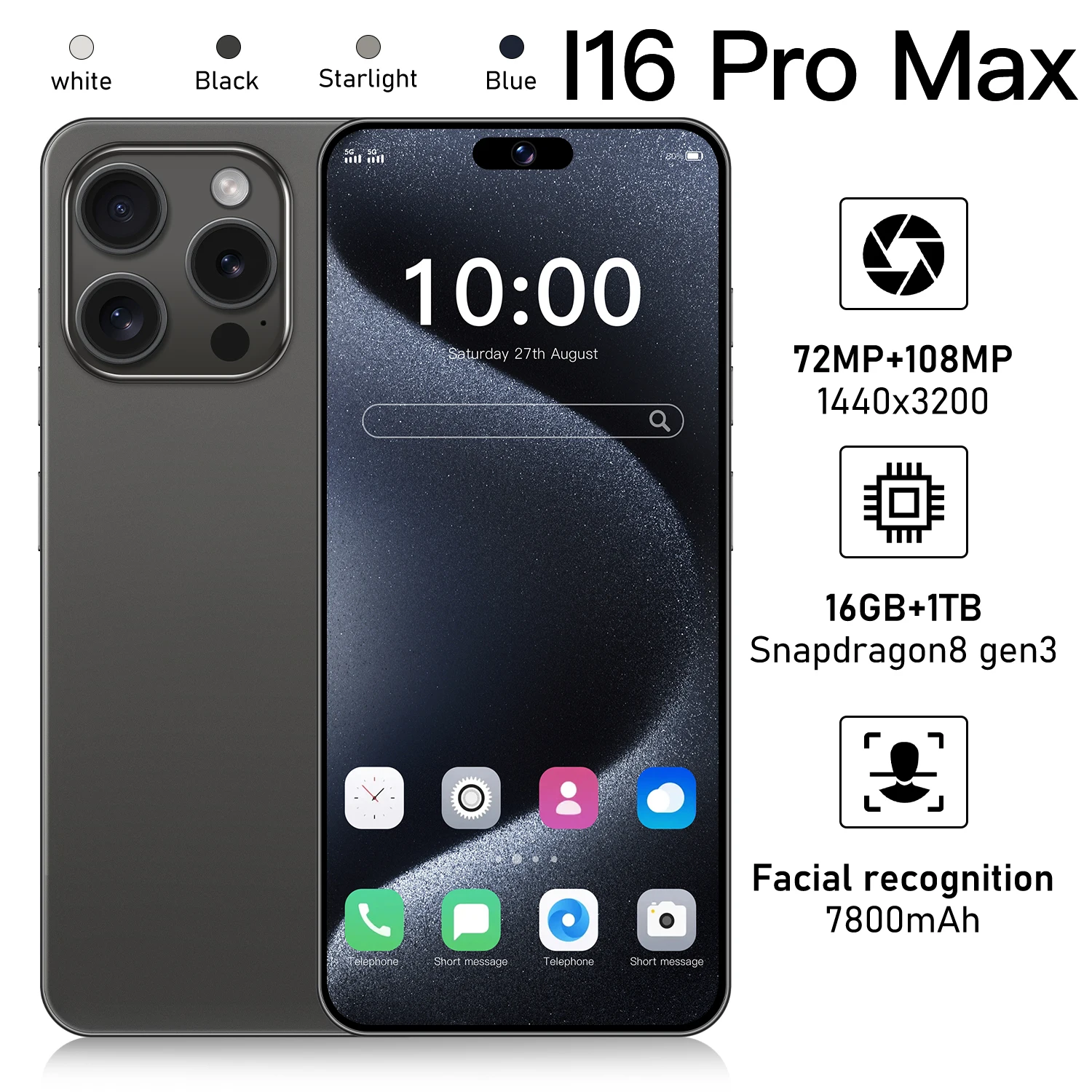 

New Smartphone I16 Pro max Global version Mobile Phone16G+1T 6.8'' HD+ Android 14 6800mAh 4G/5G Networks Snapdragon 8 gen3 108MP