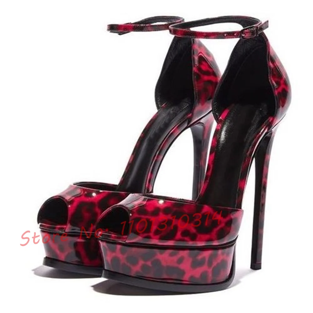 Sandali con plateau leopardati rossi sandali da donna Sexy con punta aperta scarpe da festa con tacco Super alto e sottile stampa di lusso sandali