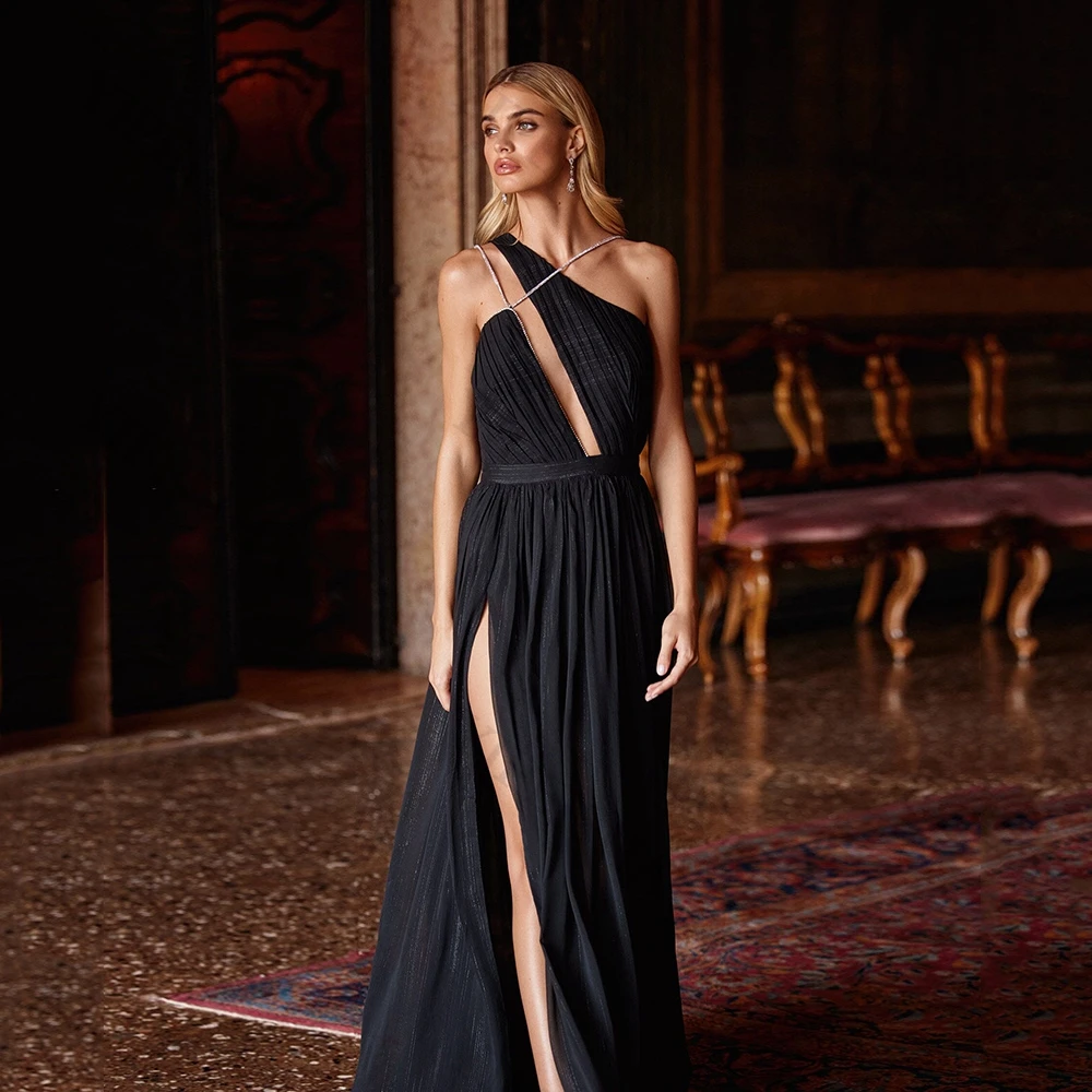 Black Evening Dresses One Shoulder Side Slit Sleeveless Long Sexy Prom Gown Simple Backless Floor-Length Cocktail Party Dress