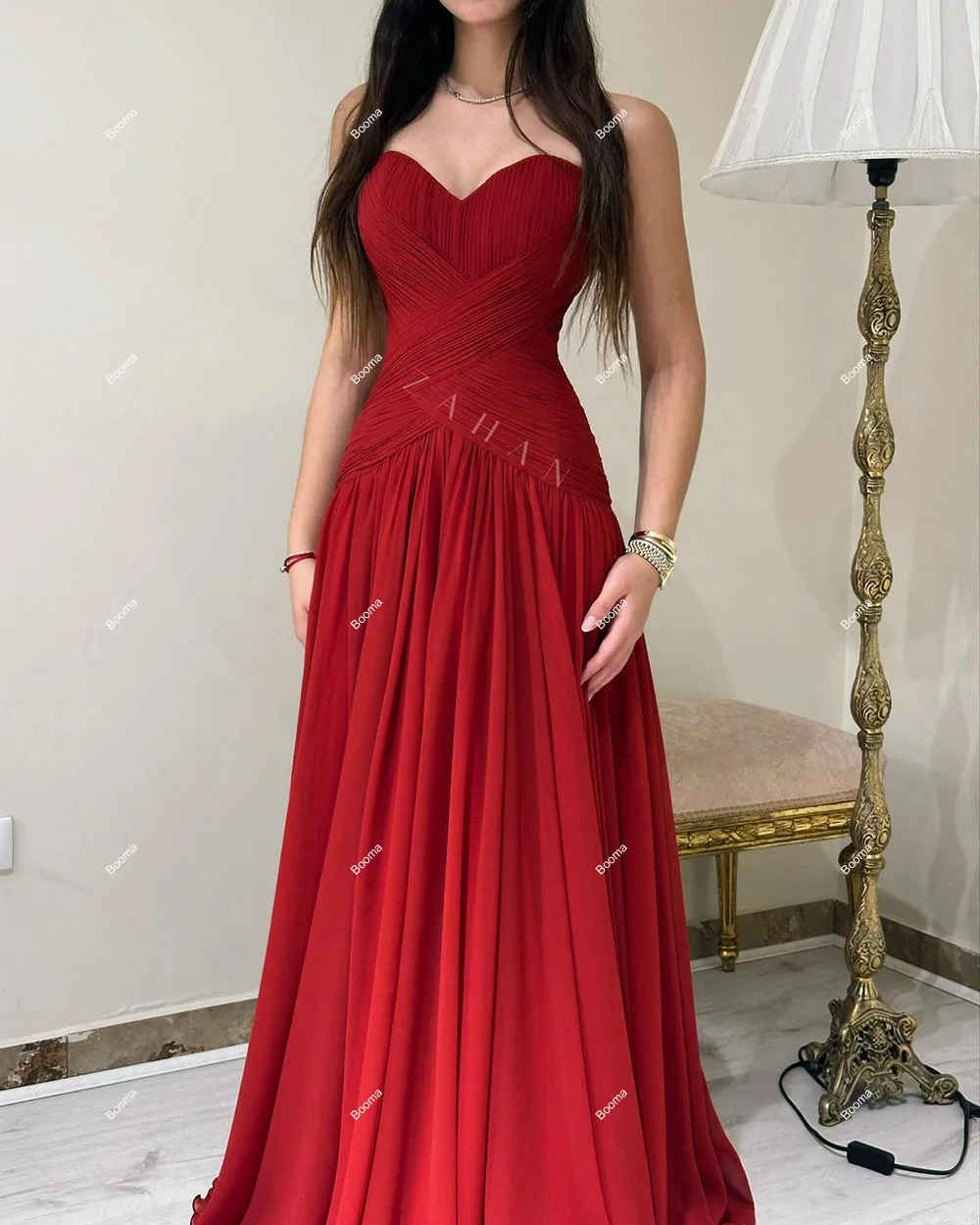 Booma Elegant A-Line Prom Dresses Sweetheart Pleats Chiffon Formal Party Dresses for Women Sadui Arabic Evening Dress Dubai