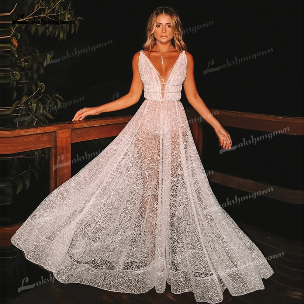 Sexy profondo scollo a v Backless trasparente abito da sposa Glitter paillettes aperto indietro abito da sposa Vestido Noiva Gelinlik 2023