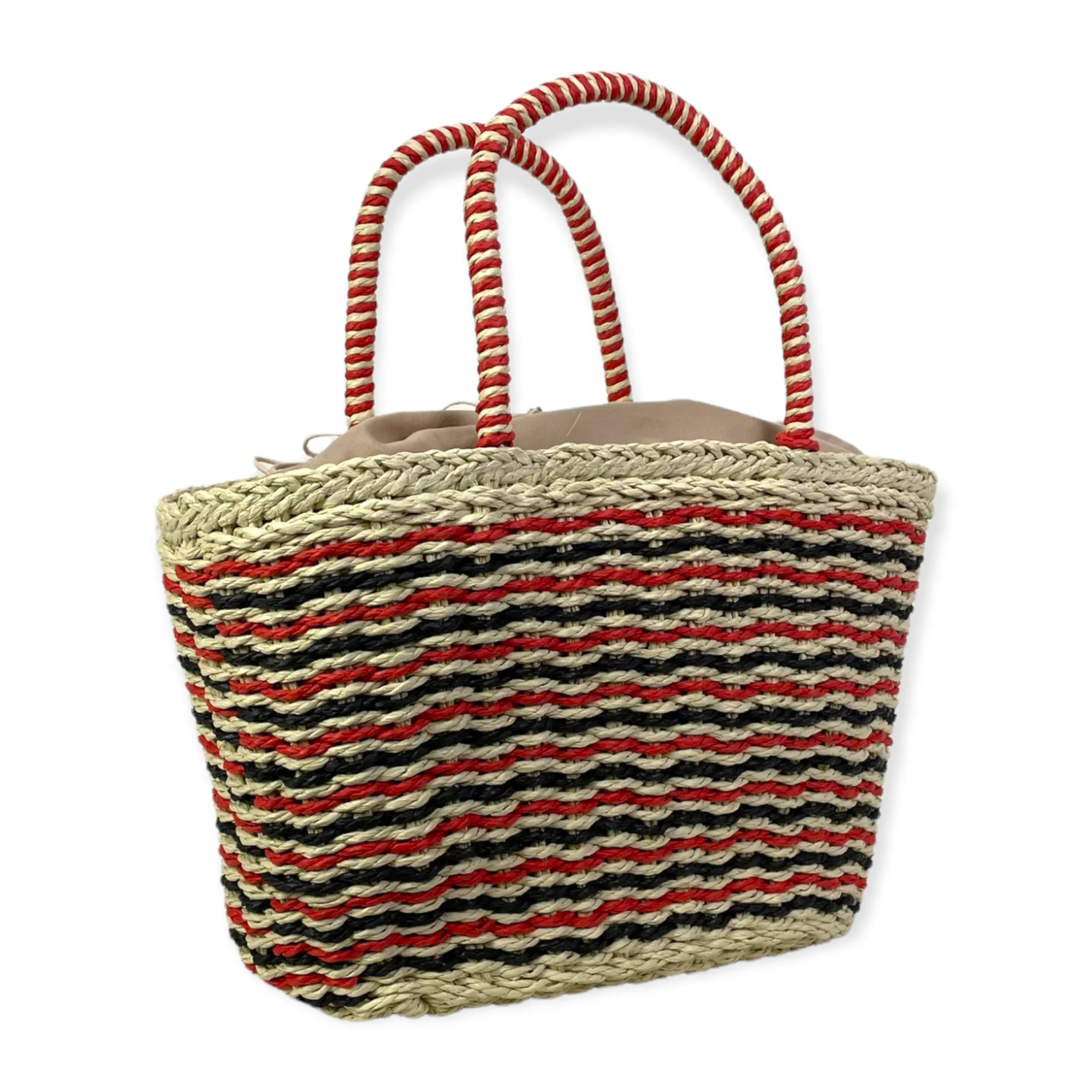 GORETT - Women's beach basket, raffia carrycot with striped print and lined Interior, beach bags