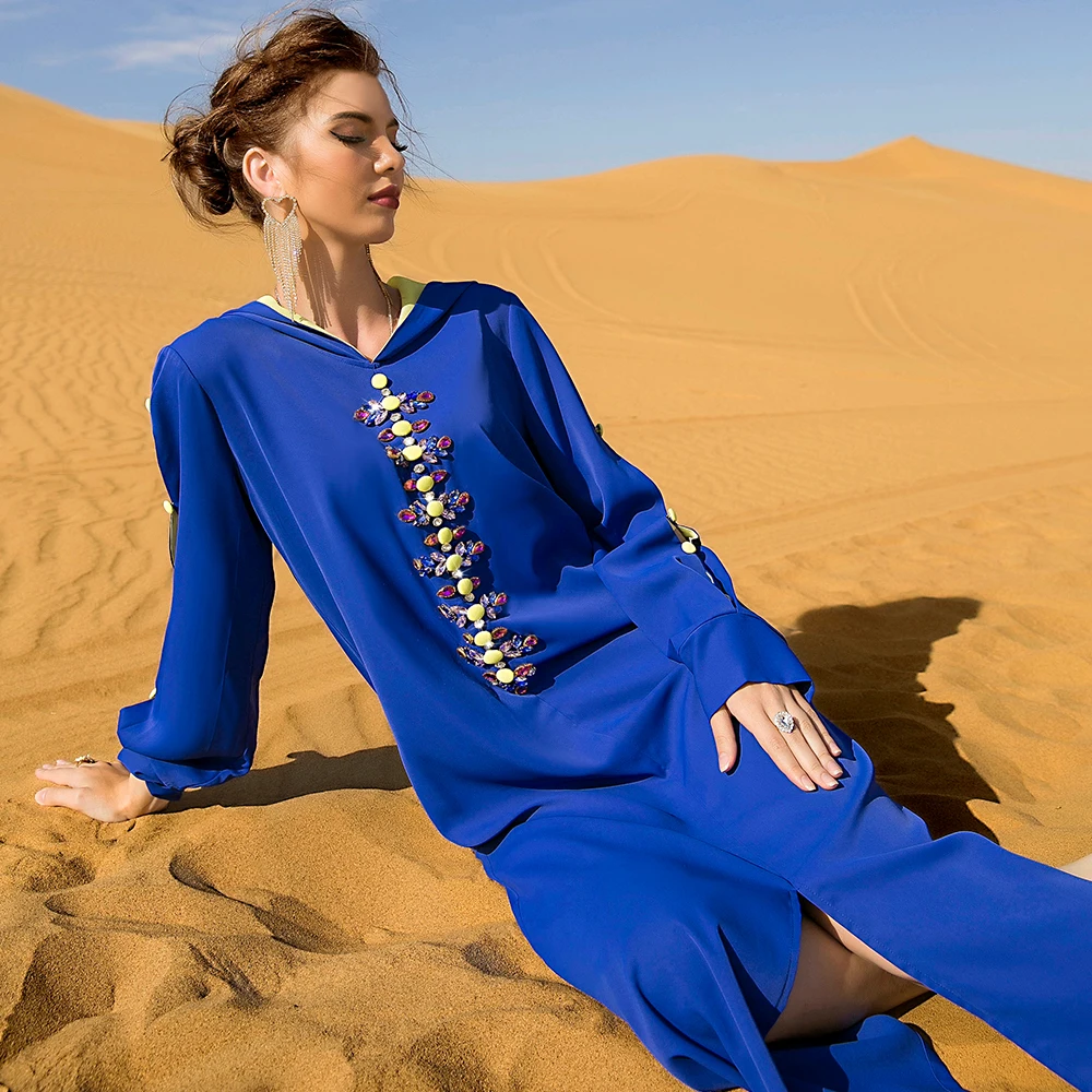 BA7024 Royal Blue Against Goose Yellow Hand Sewn Diamond Women's Retro Dress ABAYA