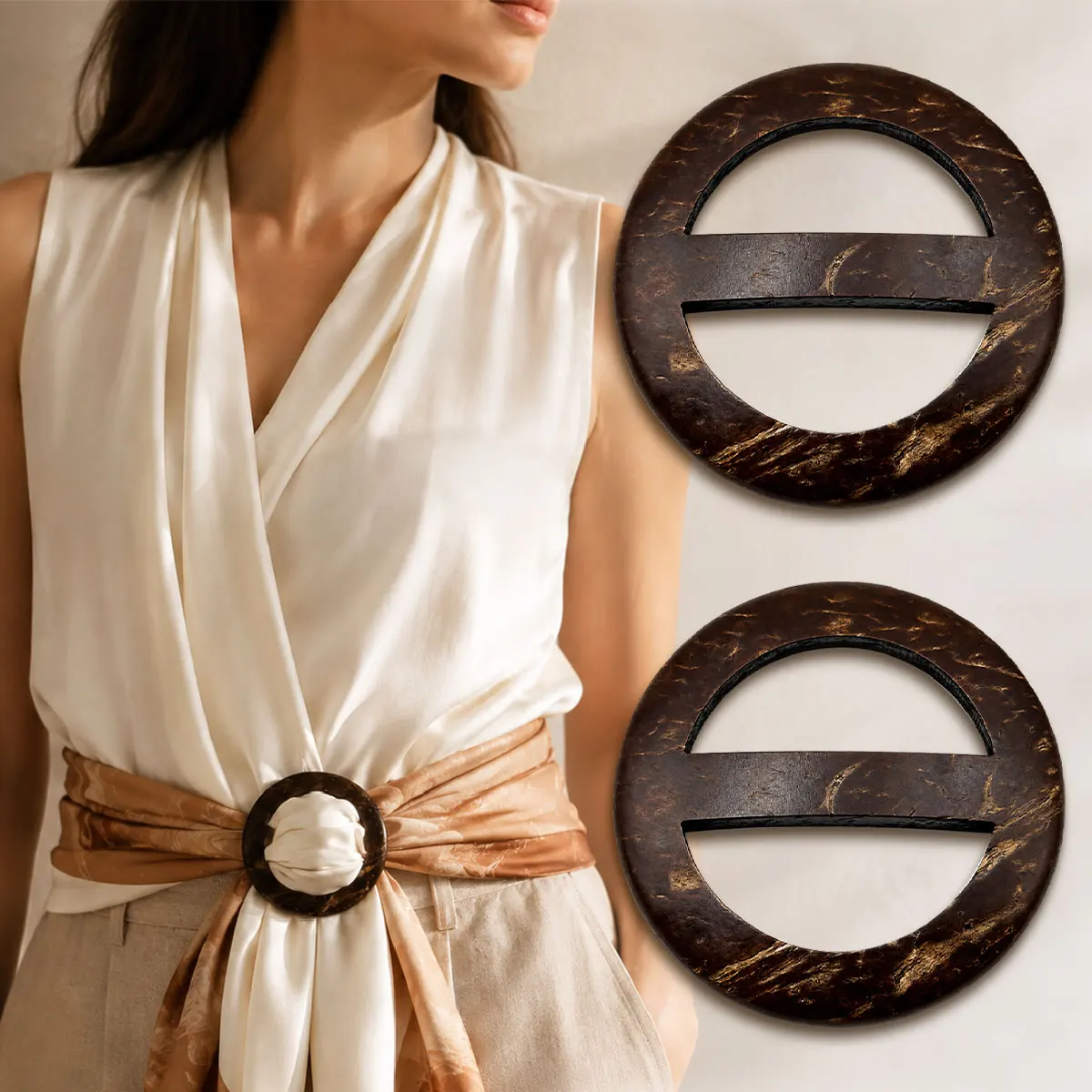 2pcs Coconut Shell Scarf Buckle, Round Sarong Ring Clip for Shawls, Dresses, T-Shirts, Beach Wraps and DIY Clothing Accessories