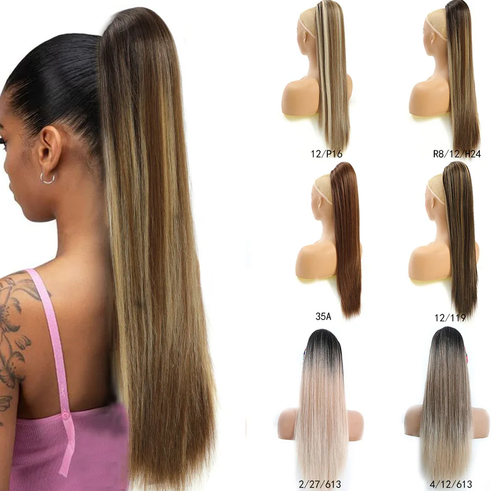 Sintético longo rabo de cavalo reto para mulheres negras, cabelo com cordão, clipe de alta temperatura, rabo de pônei 28"