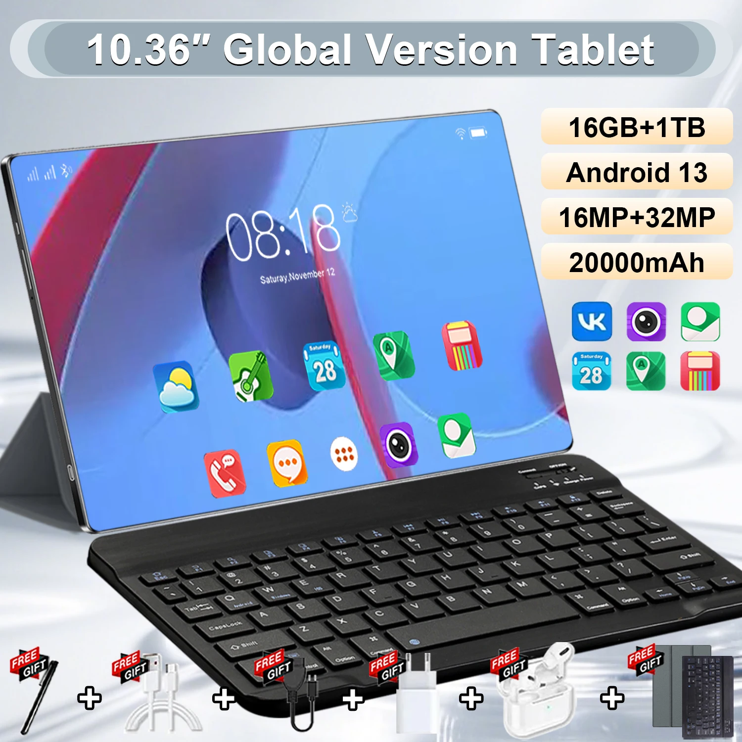 Tableta de 10.36 Pulgadas, Android 13, Google Play, 16 GB de RAM + 1 TB de ROM, Cámara Dual, Doble SIM, 5G, Tableta PC, 14 Núcleos