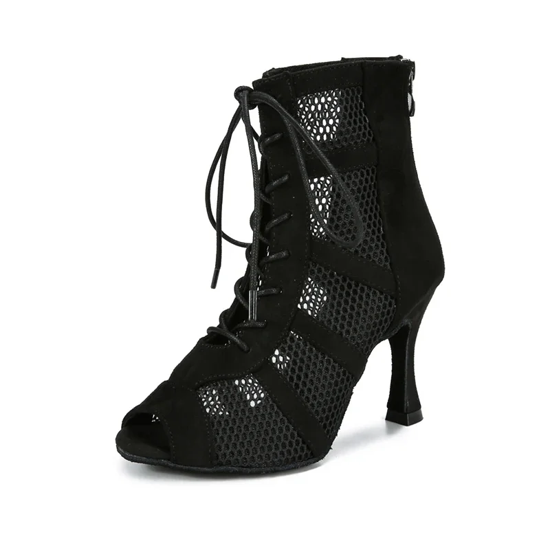 Bottes de danse latine noires à la mode, chaussures de danse sexy à talons hauts avec fermeture éclair en daim et maille noire à lacets