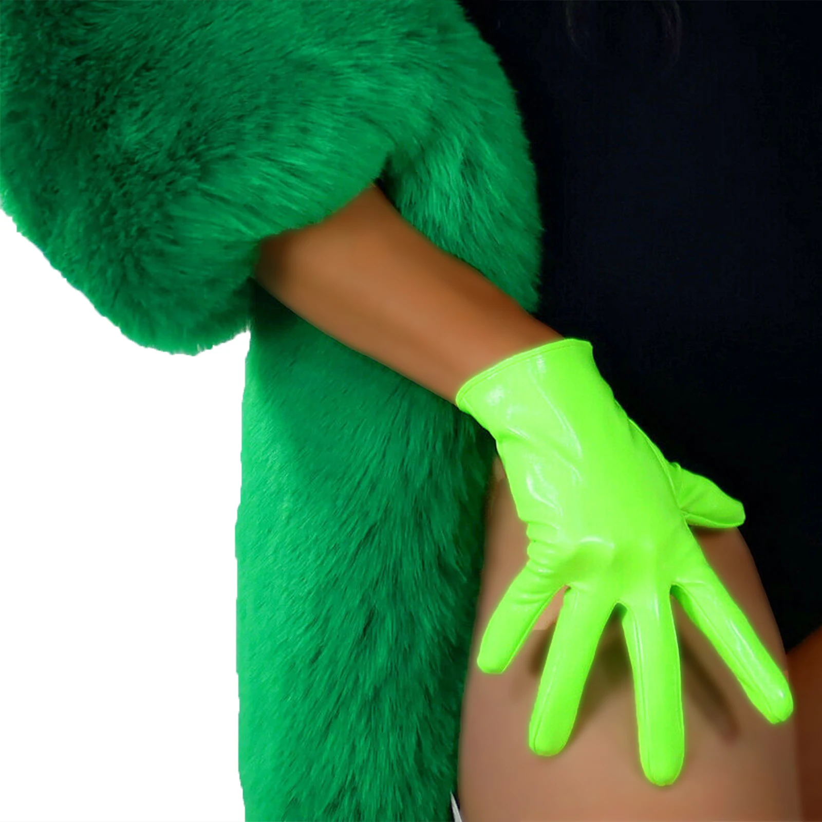 

LATEX GLOVES Green Shiny Fluorescent Faux Patent Leather Short Wrist 21CM Cosplay Halloween Evening Party FASHION Driving Glove