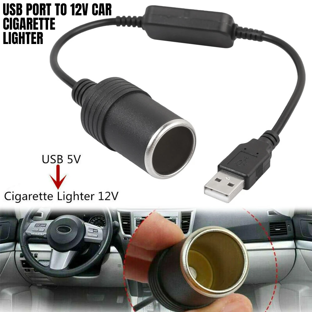 5V USB Male To Female 12V Socket Car Cigarette Lighter Converter Adapter Black