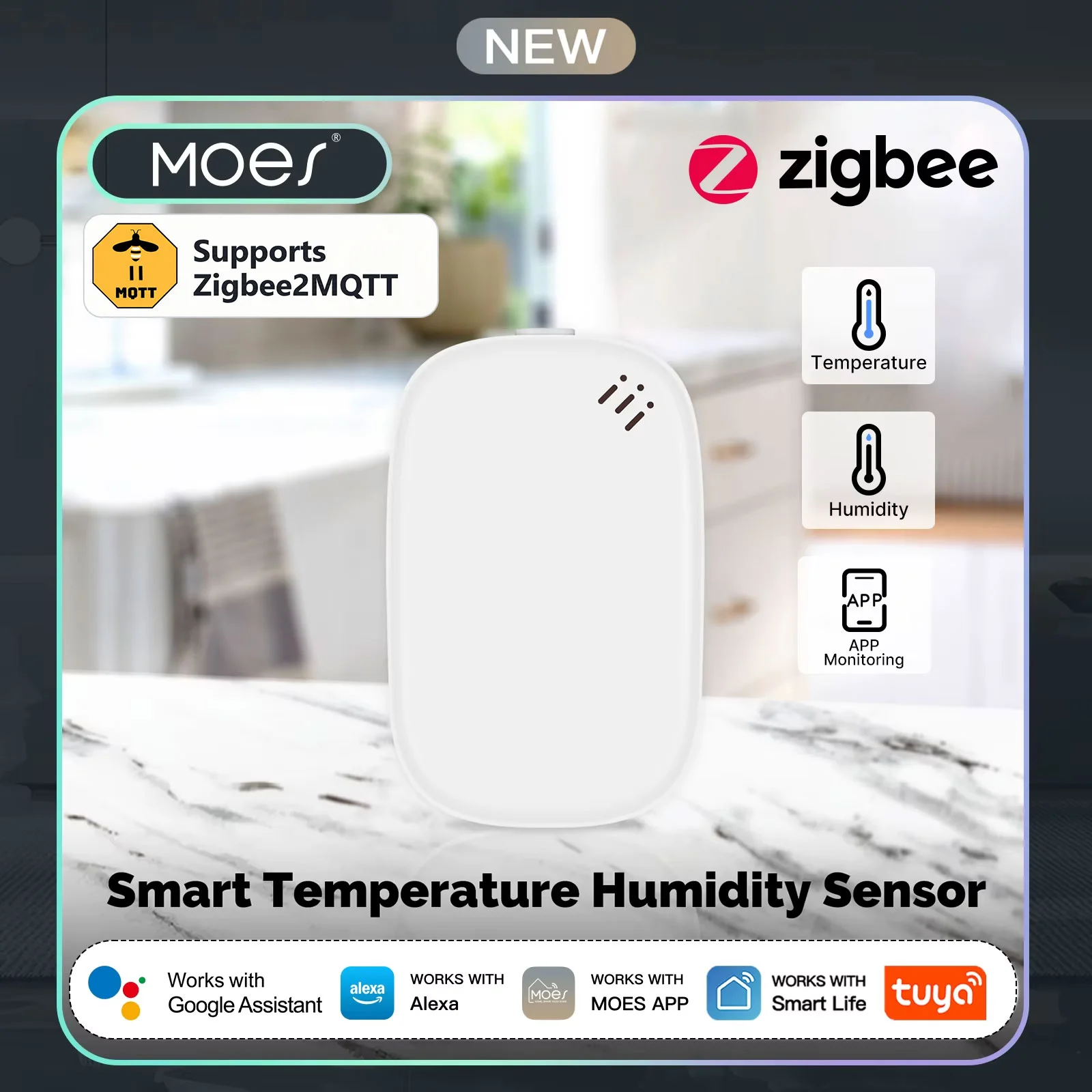 MOES Tuya Zigbee2MQTT Smart Temperature Humidity Sensor Indoor Hygrometer APP Monitoring Alexa Google Home Battery Powered