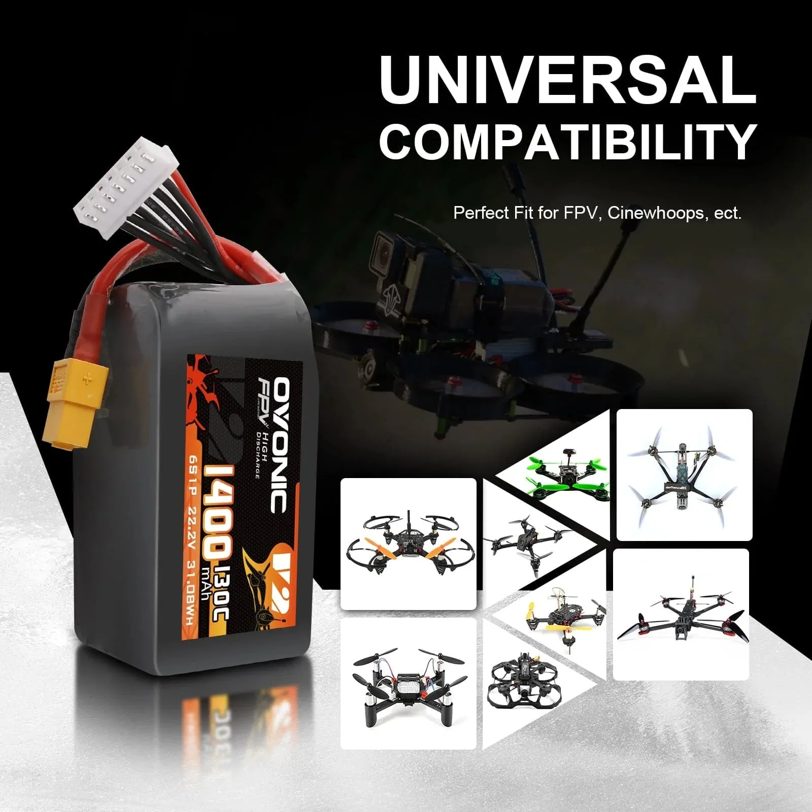 Ovonic 6S LiPo Battery 22.2V 1400mAh 130C, XT60 Plug FPV Battery for 5-6 Inch Racing, Freestyle & Cinewhoop Drones, Optional 2-Pack / 4-Pack view 4