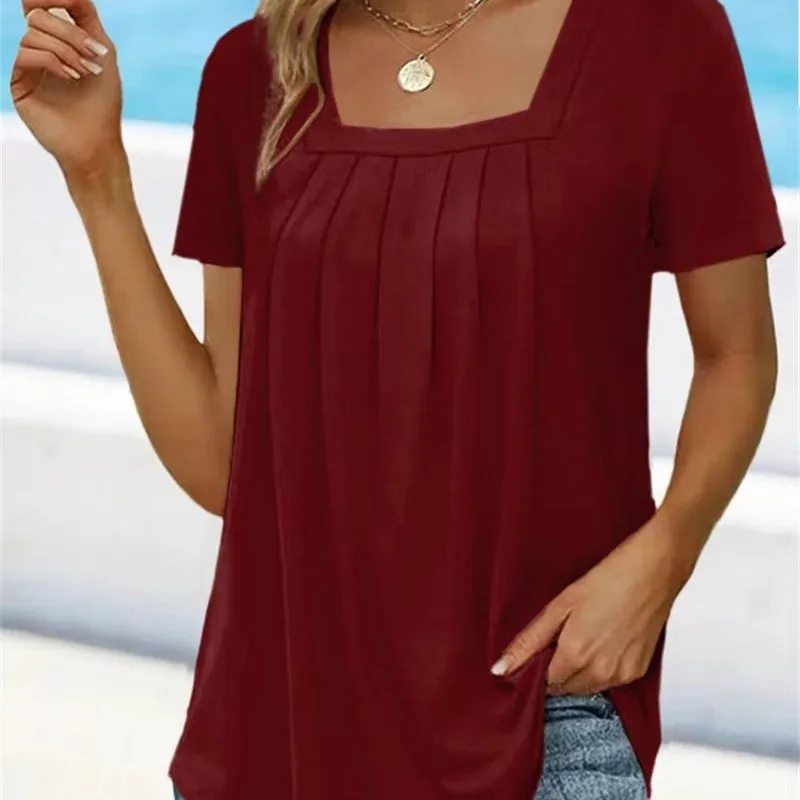 Elegante frauen Tops Sommer Solide Square Neck Plissee Kurzen Ärmeln Casual Grundlegende Regelmäßige Pullover Tops Weibliche Einfache Streetwear