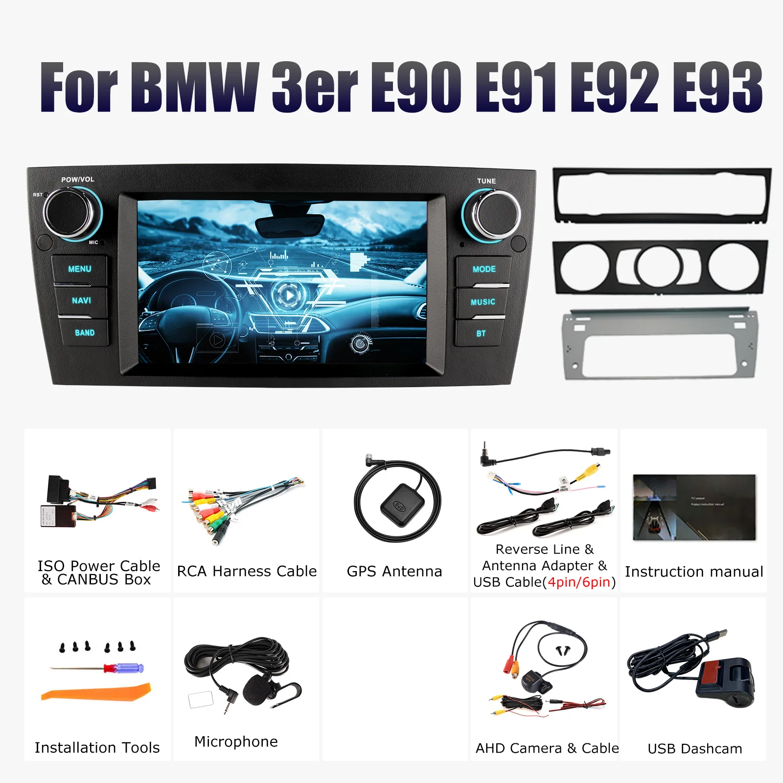 ESSGOO GPS-navigatie WIFI 7 Inch IPS Aanraakscherm Draadloze Carplay Android auto Voor BMW 3 Serie E90 E91 E92 E93 Android 14 Autoradio USB Microfoon Bluetooth Spiegellink 7-kleurenlicht ASP-geluid