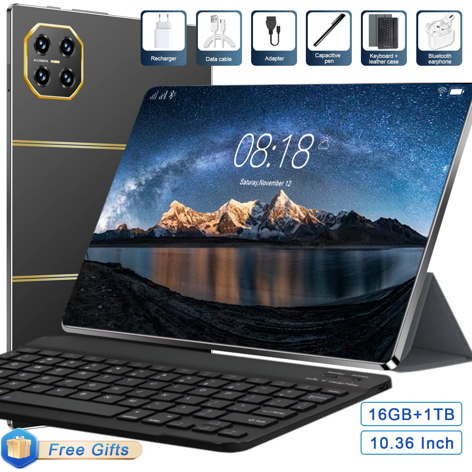 Tablette Android à grande capacité de stockage, 10,36 pouces, 10 cœurs, 16 Go + 1 To de stockage, Wi-Fi 5G, batterie 20000 mAh, caméra frontale 16 MP, caméra arrière 32 MP, pour le jeu et le stockage de ressources